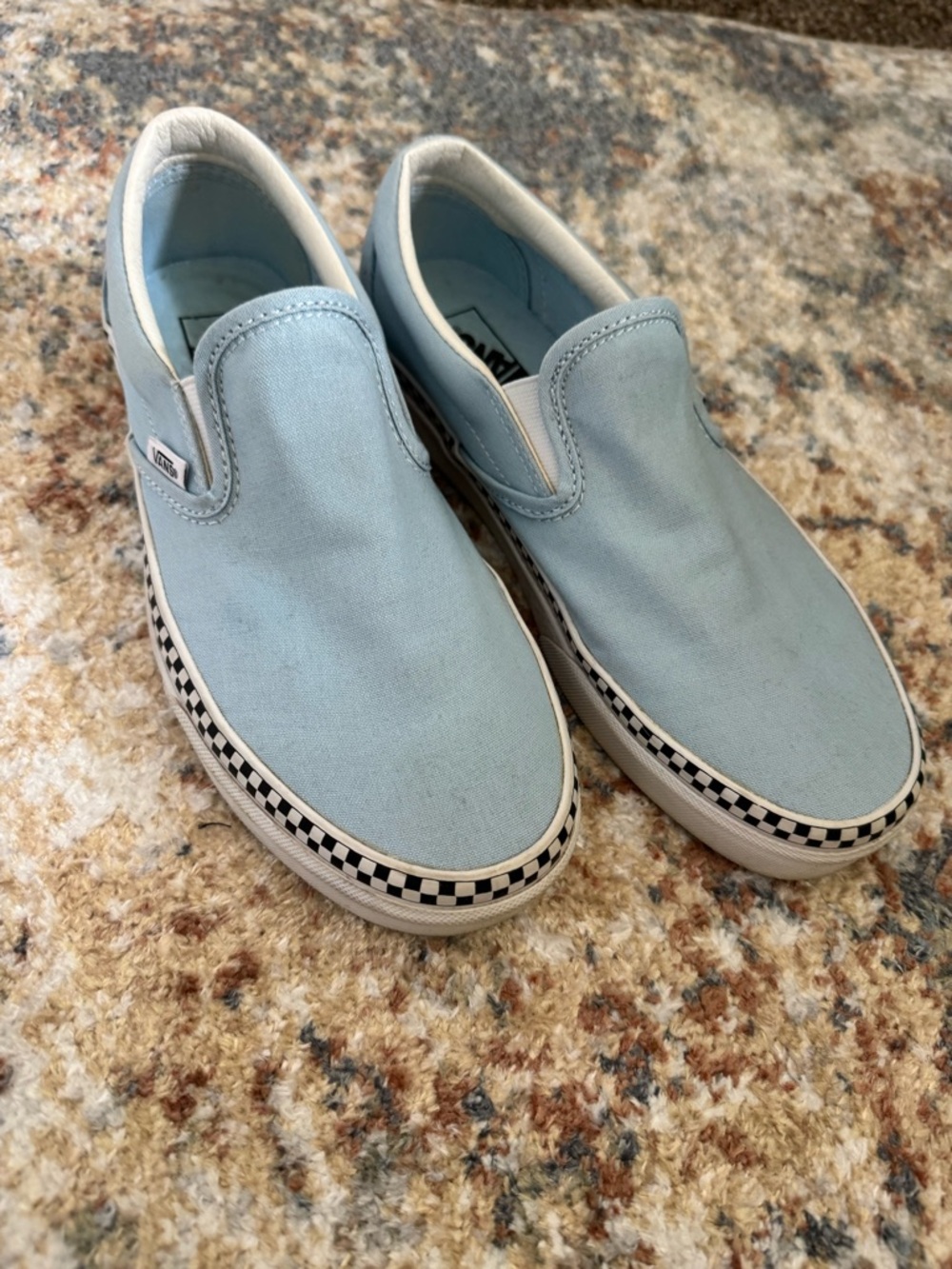 Vans Slip-On Sneakers in Light Blue with Checkerboard Trim